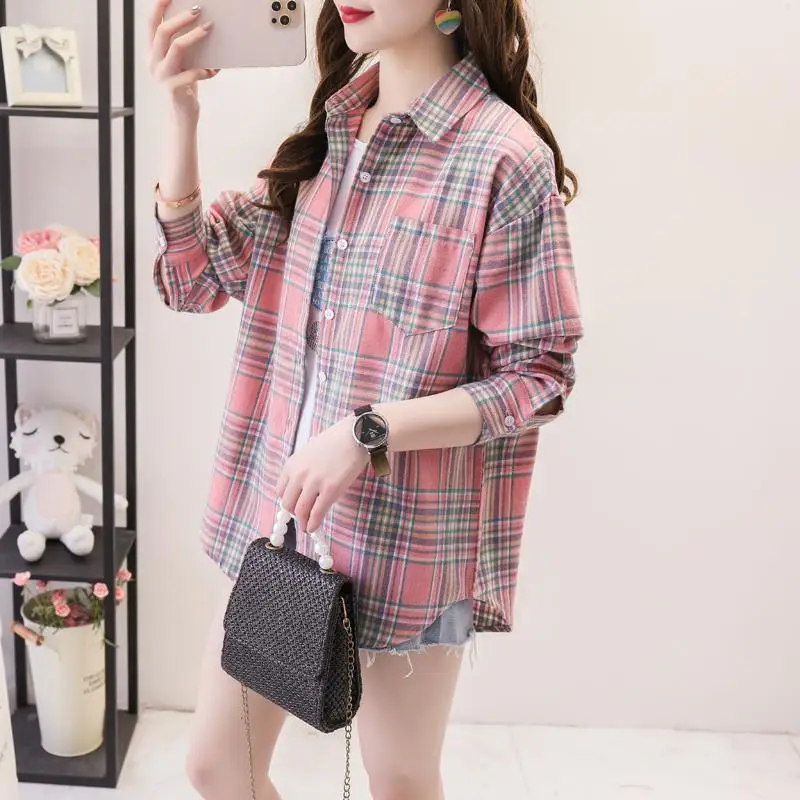 Women\'s Autumn Fashion Simplicity Plaid Long Sleeve Shirts Women Clothes Casual Loose All-match Temperament Elegant Tops