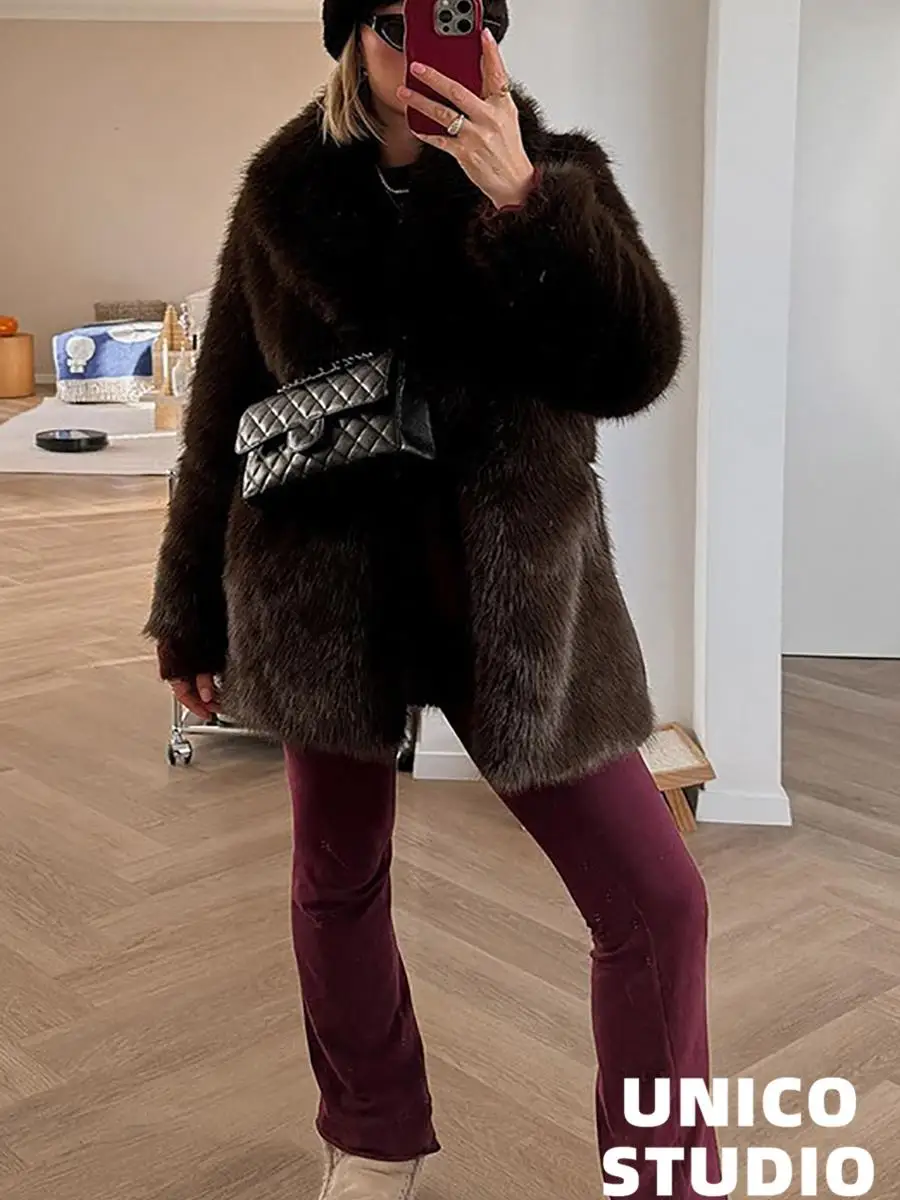 Casaco de pele sintética Street Sle com cinto e gola superior da Iuencer Trendy Thiened solto ajuste comprimento médio longo casaco Sve