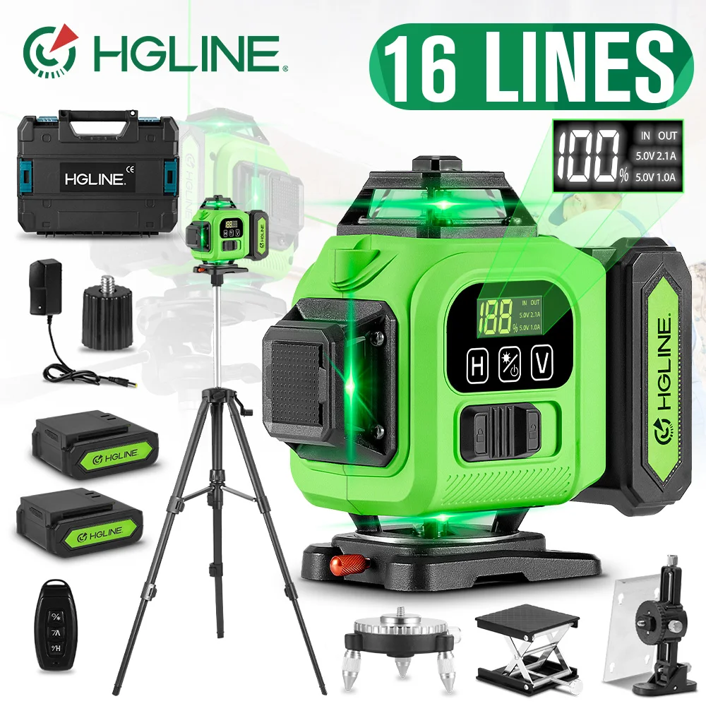 HGLINE Professional 16 Lines Laser Level Construction Laser Tool Self-leveling 360 Horizontal And Vertical Super Power Laser level With 6000mAh Batter