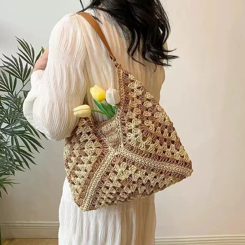 Women's Large-Capacity Woven Bag Color-Blocked Shoulder Bag Summer Beach Vacation Bag Woven Tote, and Underarm Bags