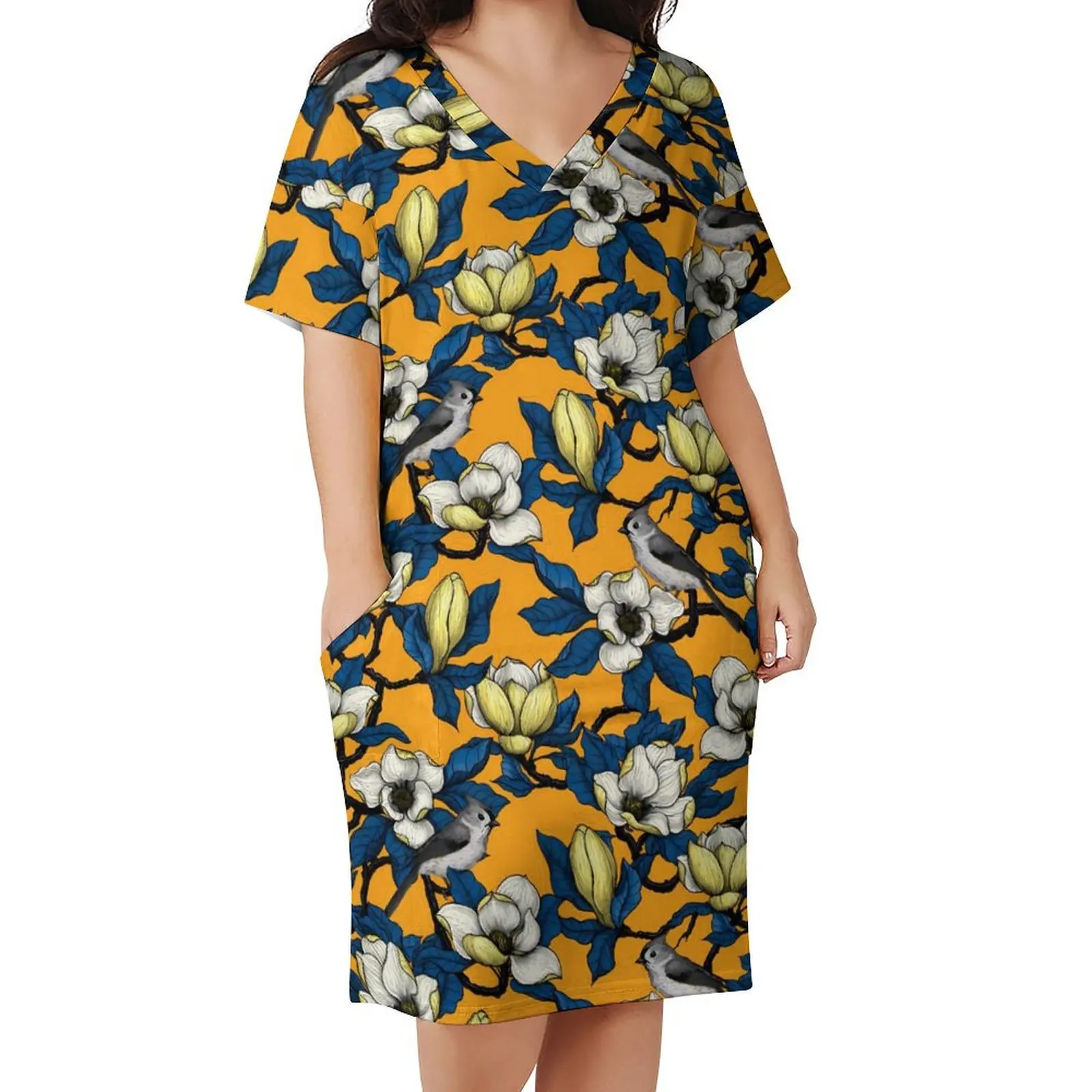 Birds Flower Dress V Neck Blooming Magnolia Cute Dresses Female Streetwear Pattern Casual Dress With Pockets Big Size