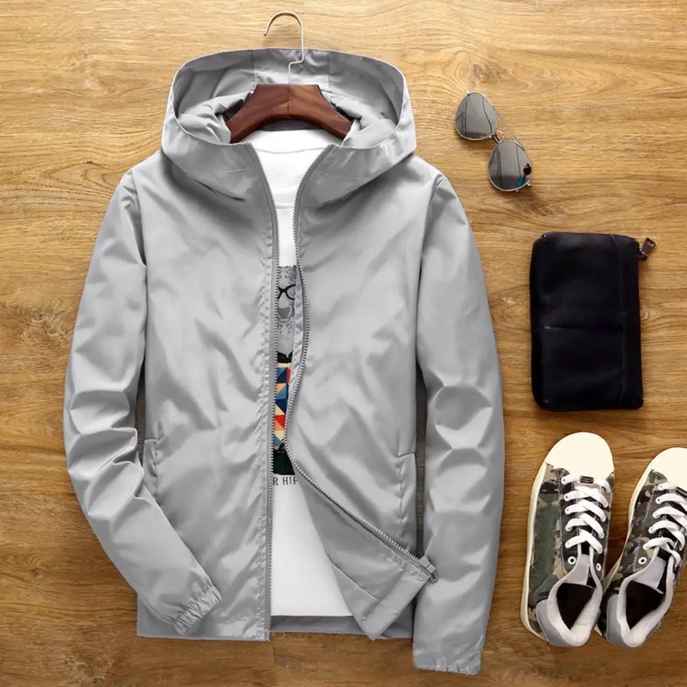 Trendy  Hooded Jacket Super Soft Washable Windbreaker Jacket Zipper Male Men Jacket for School