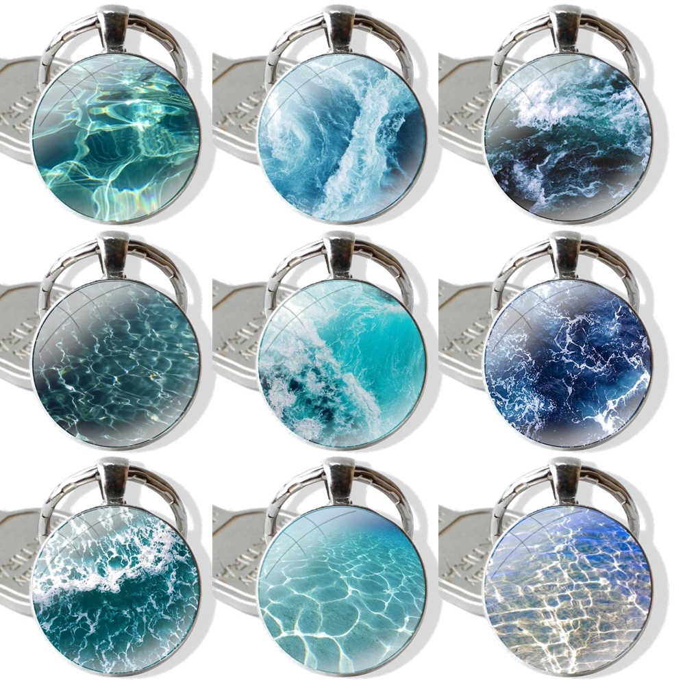 waves ocean water light refractions Keychain Handmade Glass Cabochon Key Ring Holder Pendant Key Chains Fashion Gift Cute Design