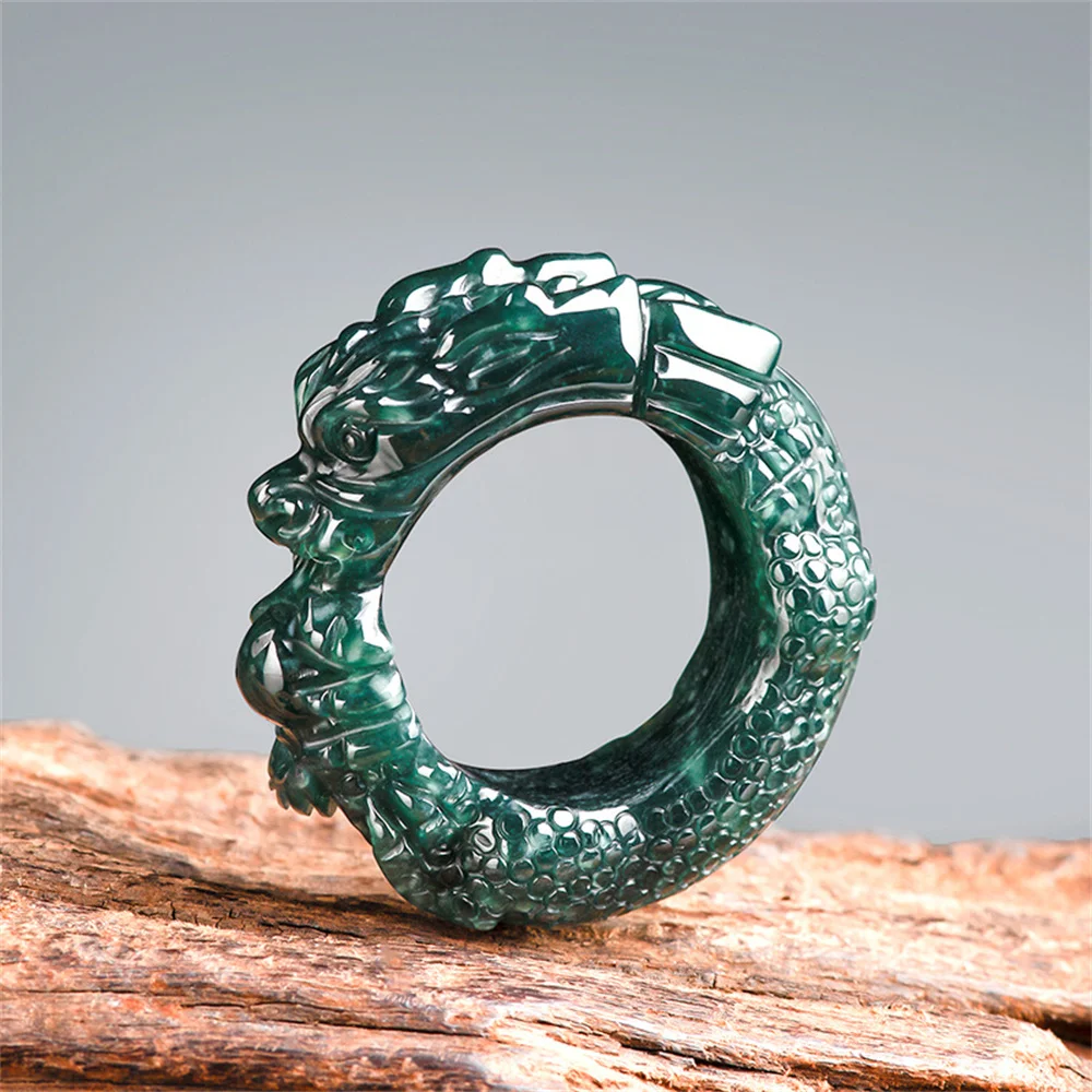 

Retro Natural Water Green Jadeite Carved Dragon Finger Ring with Certificate Man's Handicraft Luxury Jade Vintage Jewelry Gifts