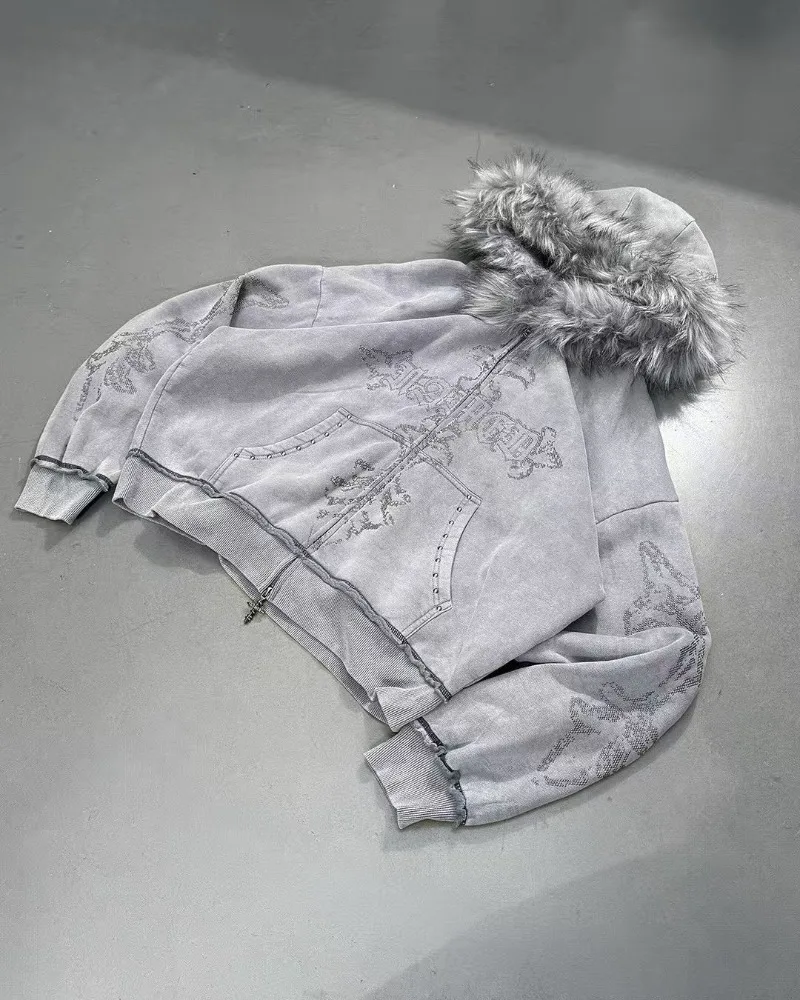 

American high street gray cross fluff women men hoodie Y2K personality fashion casual top clothing oversized loose sweatshirt