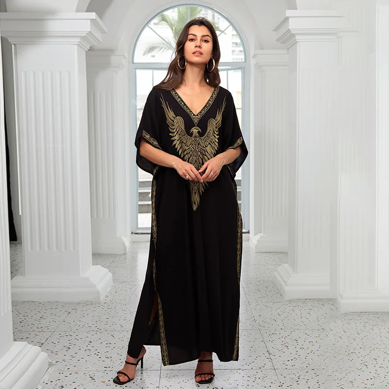 Loose Black Cotton Eagle Embroidered Beach Dress Long Robe De Plage Vacation Swimsuit Bikini Cover-Up Beachwear