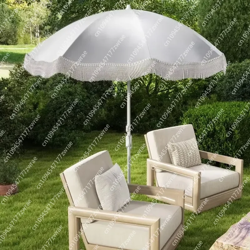 6.5 FT Outdoor Tassel Beach Umbrella with Push Button Tilt & Fringe Premium Beach Equipment