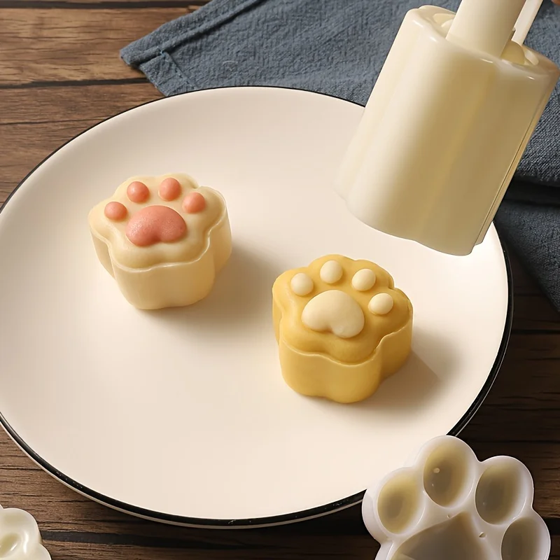 Mini Cute Cat Paw Shape Moon Cake Mold,Including 1 Mold And 1 Stamps,DIY Hand Press Moon Cake,Mung Bean Cake,Cookie,Pastry Mold