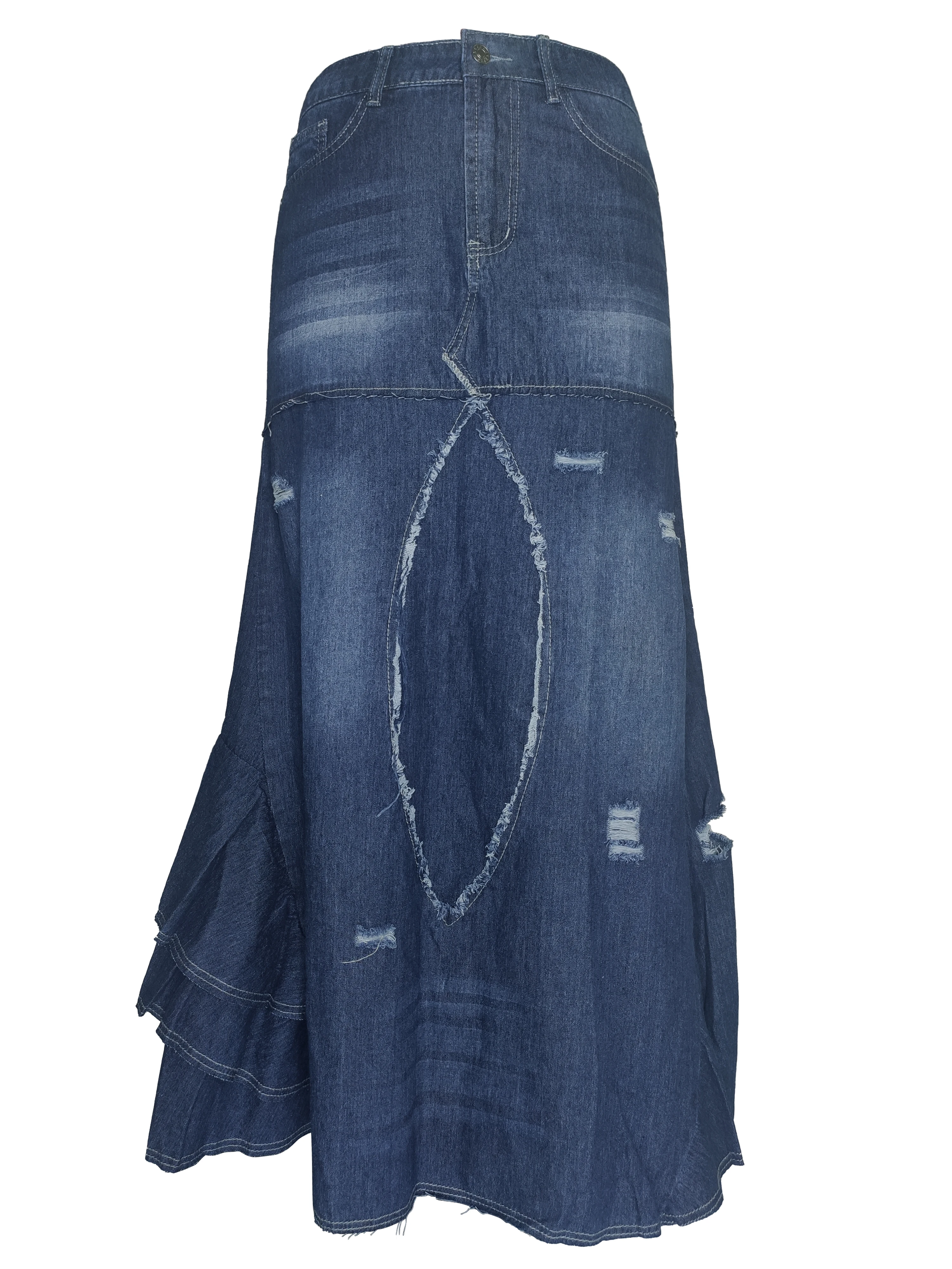 Women Denim Maxi Skirt High Waist Vintage Washed Patchwork Frayed Ripped Irregular Ruffle Mermaid Long Jean Skirt Streetwear - view 5