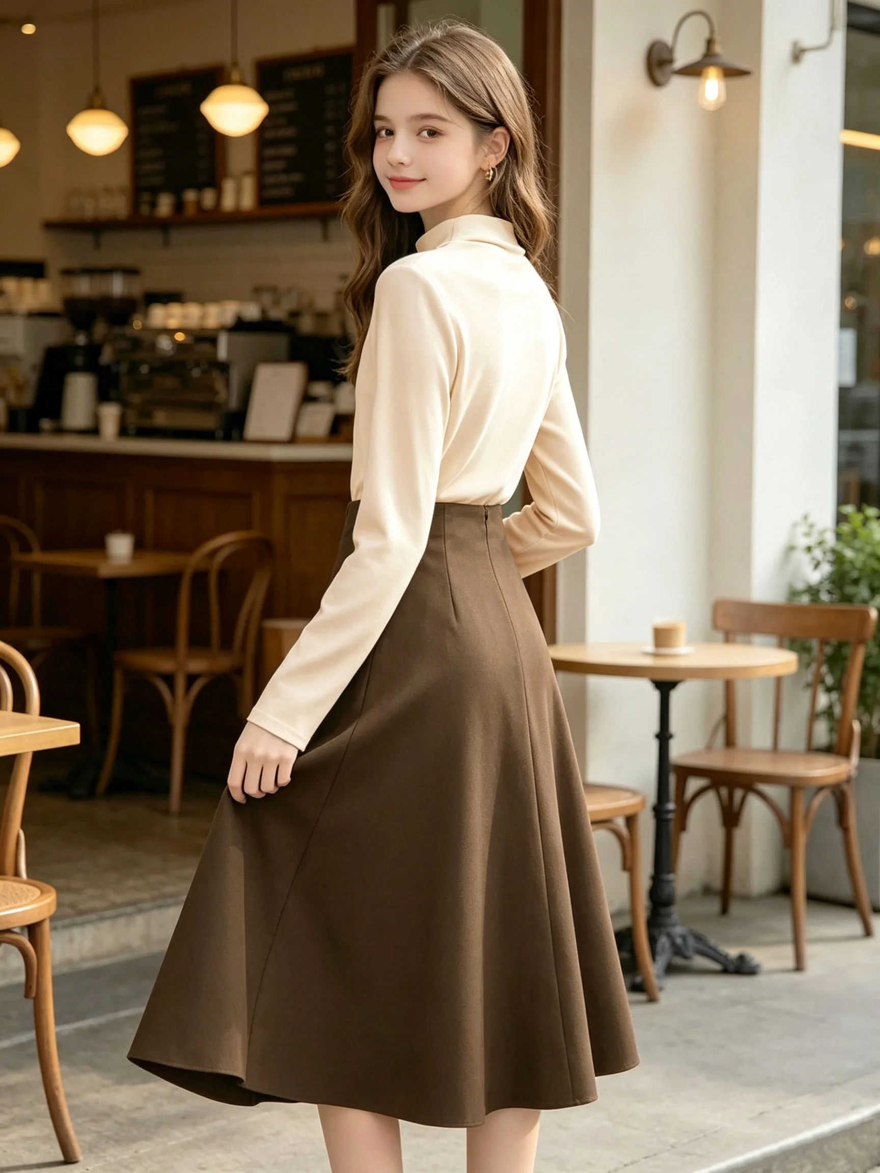 Spring and Autumn Outfit for Teenage Girls: Pleated Shoulder Top with Small Stand-Up Collar and Button Decoration, High-Waisted Skirt, Suitable for Girls over 13 Years Old, Versatile Clothing for Home and Outings