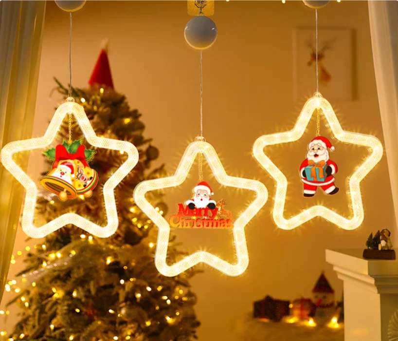 

Christmas decoration pendant with five pointed star running horse LED lights, window atmosphere decoration hanging lights