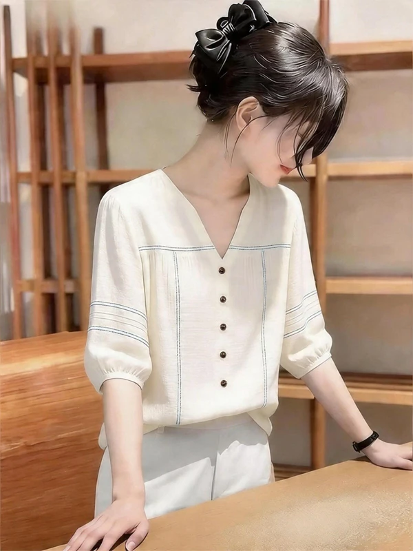 

Elegant White V-neck 7/8 Sleeve Shirt Women's Commute Slimming Button Decoration Top Super Beautiful Fashion Sense