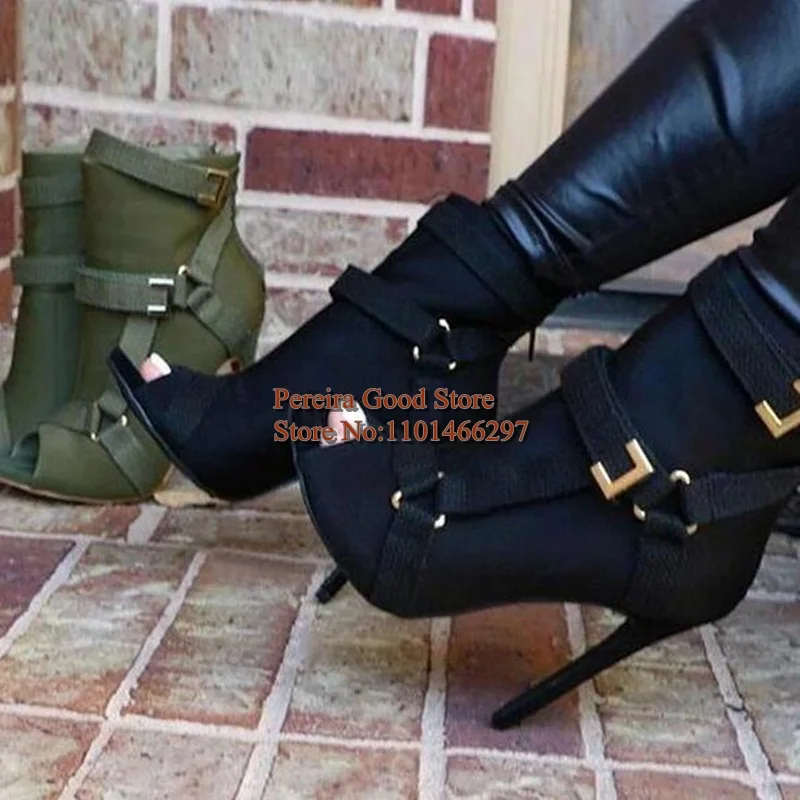 

Buckle Strap Round Peep Toe Women Ankle Boots ArmyGreen Cross Strap Thin Heels Spring Autumn Modern Short Booties