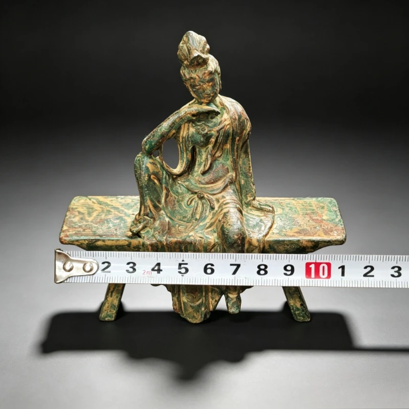 Immagine 7: Statua Antica di Guanyin Buddha Seduto su Panca, Figurina Kwan-Yin del Buddhismo Tibetano, Decorazione per Altare Domestico