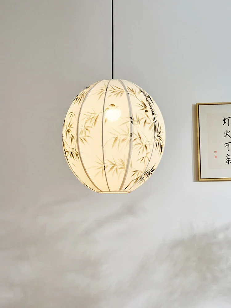 

New Chinese Style Hand-Painted Bamboo Leaf Fabric Chandelier Ancient Dining Tea Room Lantern Light Lighting Bedroom Pendant Lamp