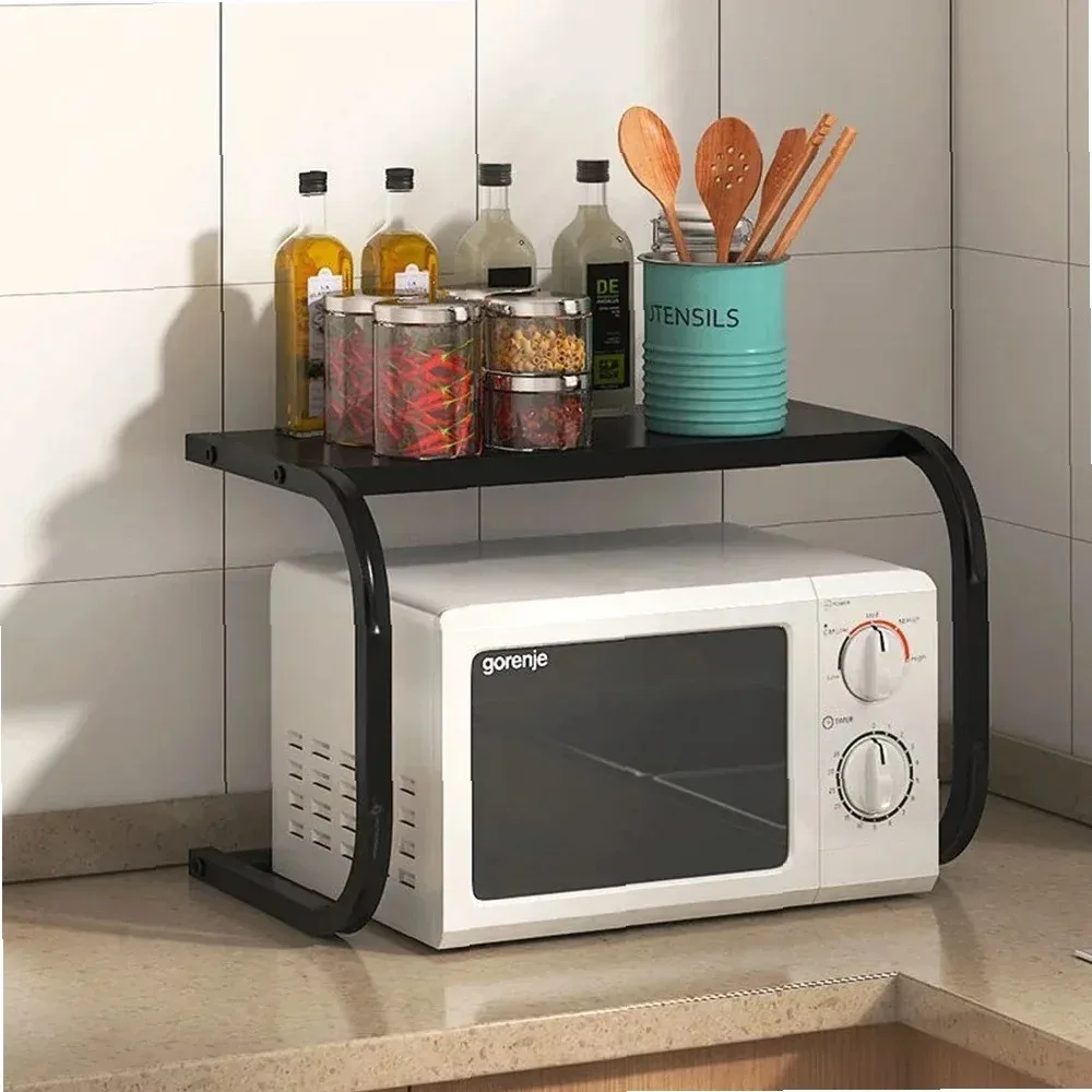 No-Drill Kitchen Organizer, Carbon Steel Spice Rack & Microwave Stand, All-in-One Storage Shelf for Cutlery and Utensils