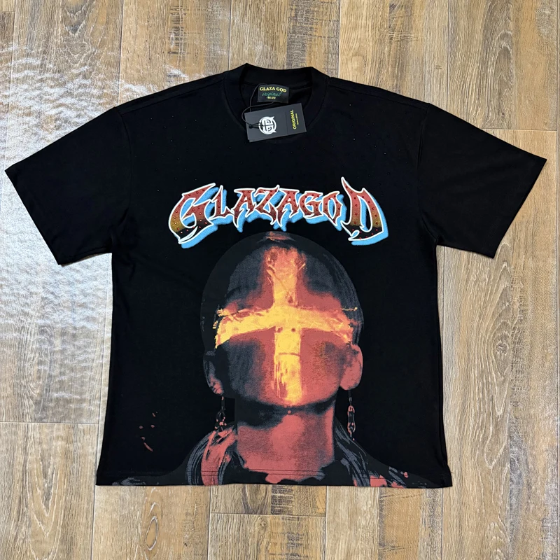 Vintage Cross Figure Graphic GLAZA GOD T‑Shirt Men Streetwear Hotfix Rhinestone Letter Print GlazaGod Short‑Sleeve Casual Tees