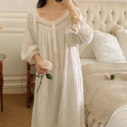 Pure Cotton Victorian Night Dress Women Spring Autumn White Full Sleeve Vintage Nightgowns Long Robe Peignoir Princess Sleepwear