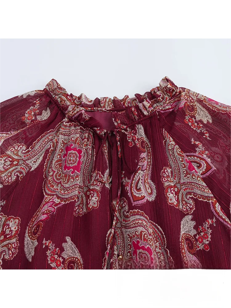 KONDALA Abito lungo in chiffon con stampa floreale rossa vintage Manica lunga O Collo con volant Abito ampio Moda 2025 Abito Boho primavera autunno