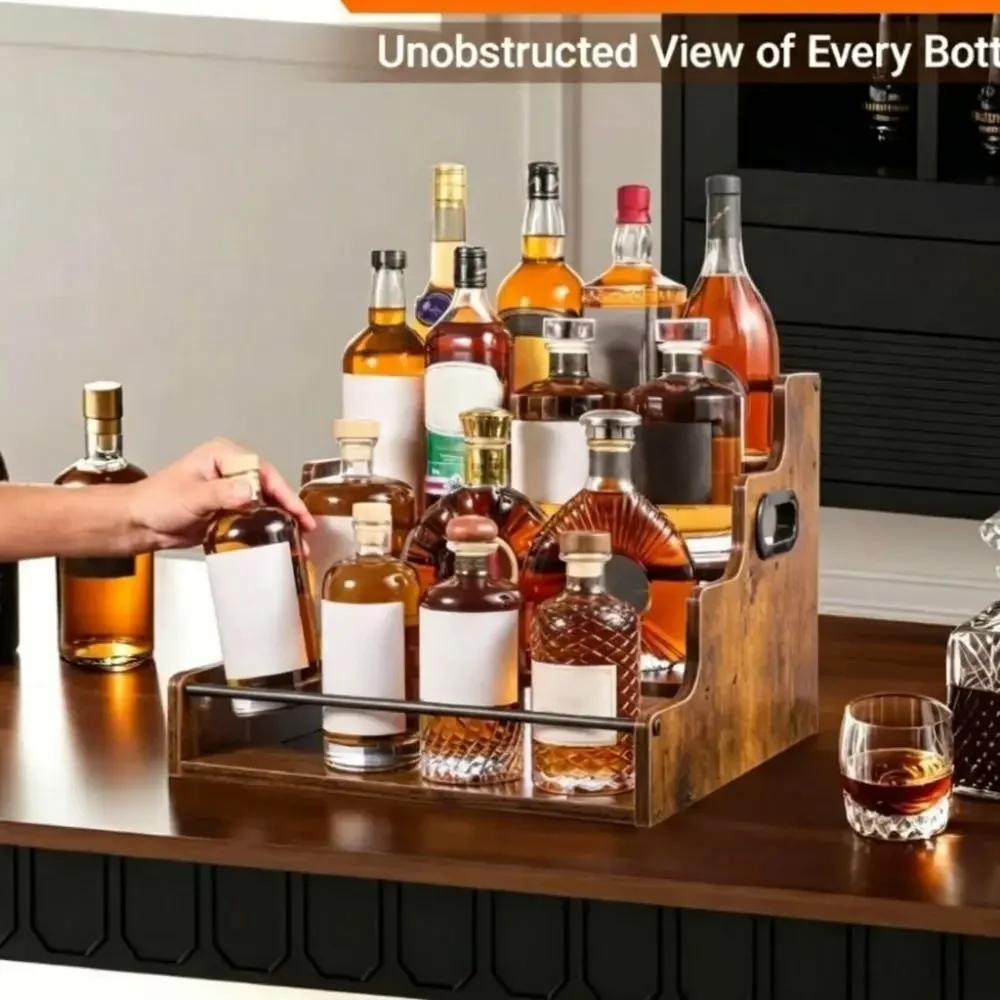 Wooden Liquor Bottle Display Shelf Rustic Heavy-Duty Kitchen Seasoning Stand Stable Retro Style Seasoning Storage Rack Kitchen