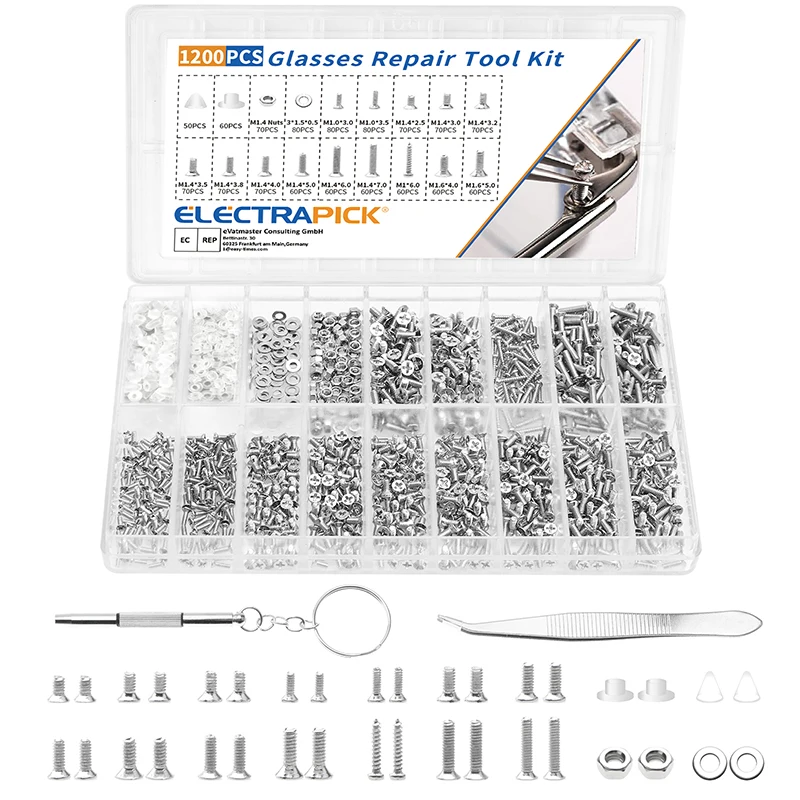 

1200pcs Eyeglass Glasses Screws Repair Kit with Tweezers Screwdriver Tiny Mini Screws Nuts Assortment Glasses Repair Nose Pads