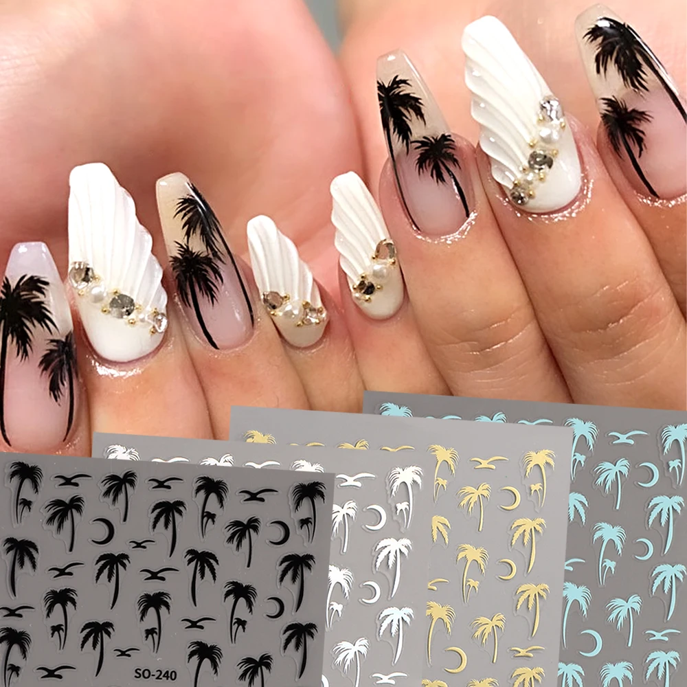 4-Colors Summer Coconut Tree Nail Stickers – Y2K Hawaiian West Coast Style DIY Self-Adhesive Nail Art Decals & Salon Accessories