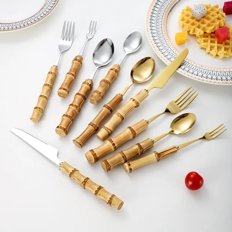 Bamboo Handle Stainless Steel Tableware Western Tableware Steak Knife Fork Spoon Set Includes Dessert Spoon Forks Household