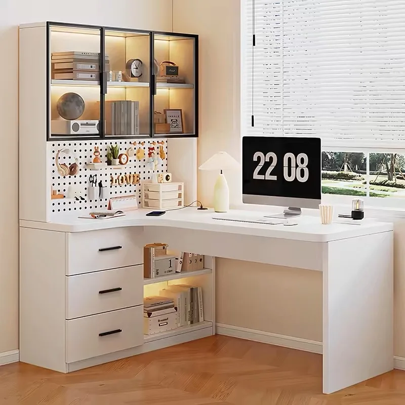

Corner Home Bedroom Writing Study Desk Integrated Bookshelf with 3 Drawers L-Shaped Wooden Office Computer Desk with Drawers