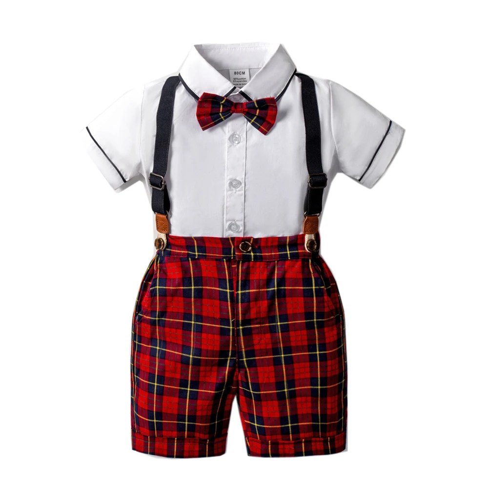 Kid Boys Christmas Shirt Clothing Suit Summer Red Plaid Pants With Bow Children Formal Wedding Party Costume 1 2 3 4 5 6 7 Years