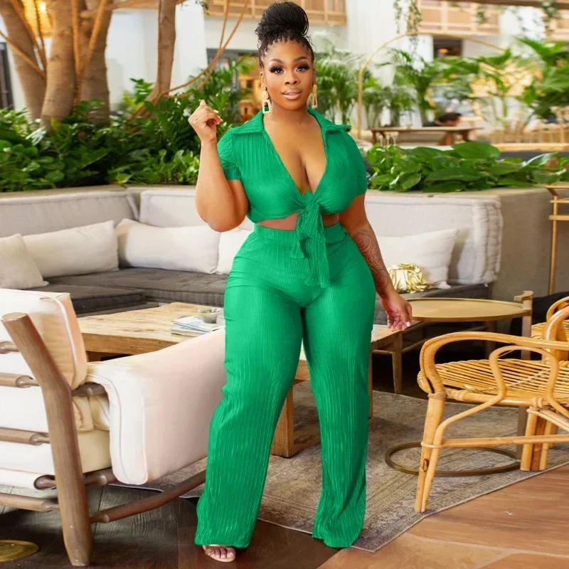 

GUWU Pleated Women 2 Piece Set Outfits Short Sleeve Mini Bowknot Up Shirt and Wide Leg Pants Set Streetwear Tracksuit