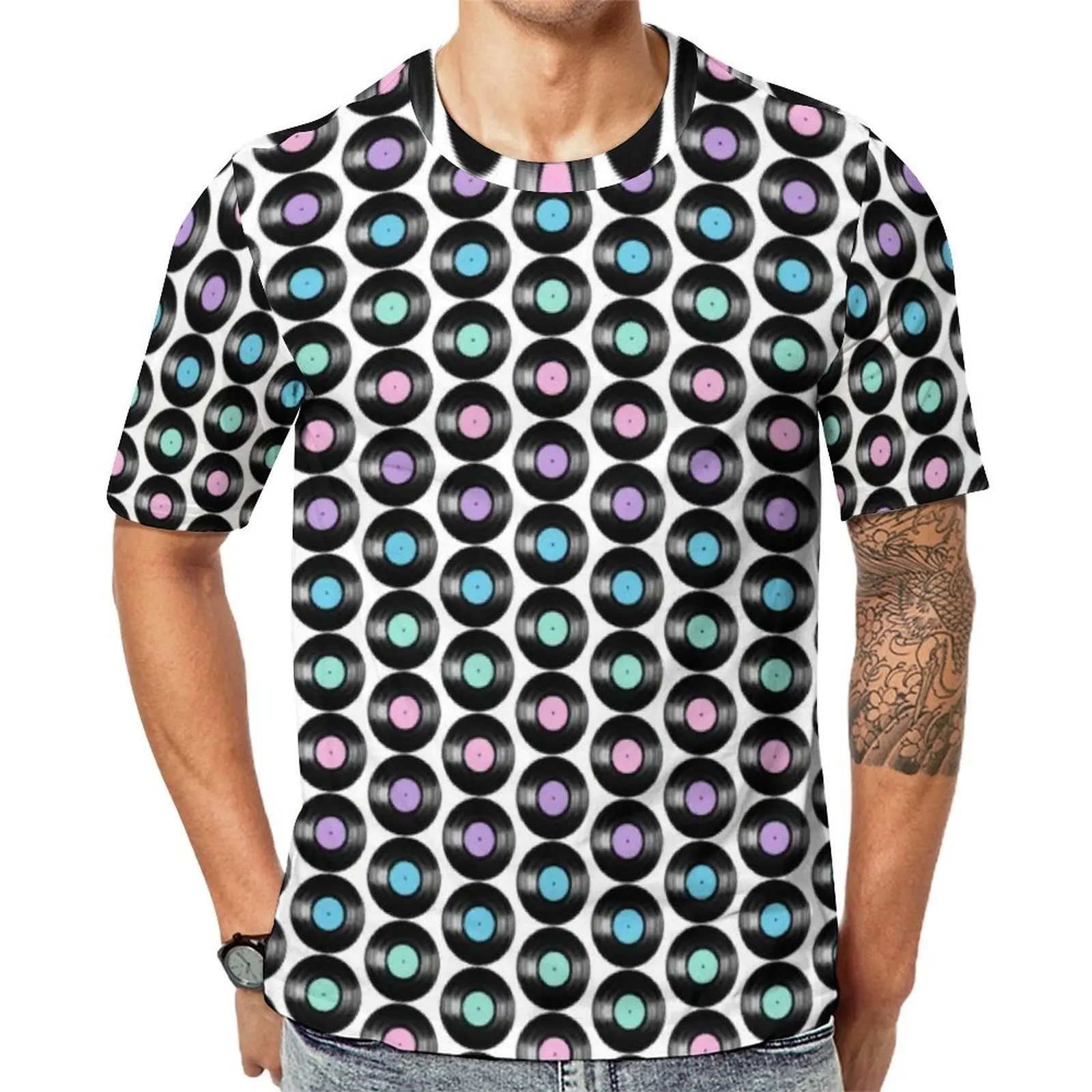 Mens Colorful Music T-Shirt Retro Vinyl Records Retro T-Shirts Short Sleeve Graphic Tshirt Hot Sale Classic Oversized Top Tees