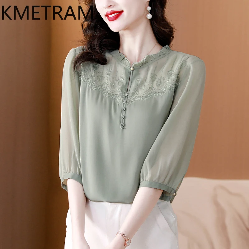 KMETRAM 90% Mulberry Silk Blouse Woman Elegant ThinTops for Woman Clothes Solid Short Sleeve Women's Shirts 2025 Summer Tops