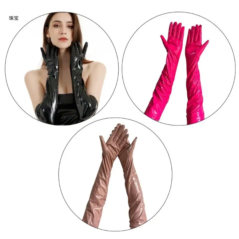 

X5QE Lady Evening Dinner Gloves Elegant Full Finger PU Gloves Glossy for Operas