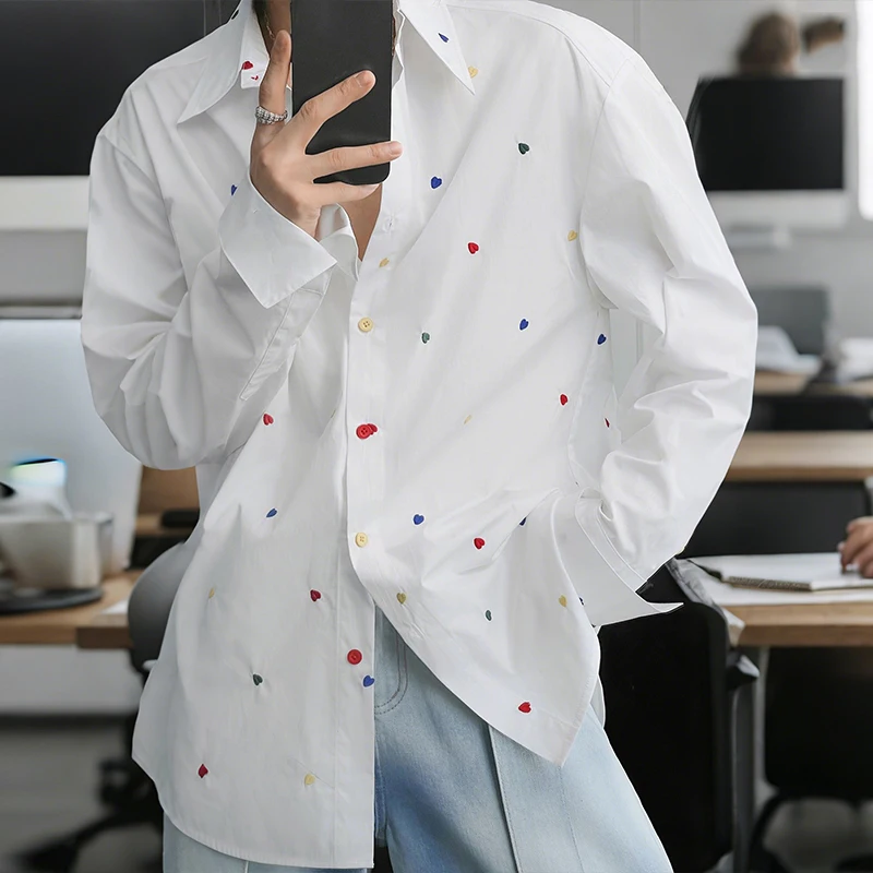 

Men Shirt Embroidery Lapel Long Sleeve Loose Casual Male Shirts Streetwear Korean Style 2025 Fashion Leisure Men Tops