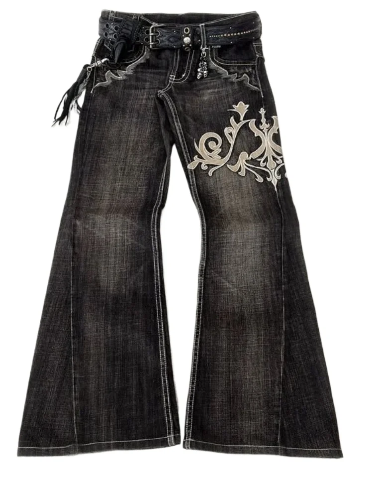 هوتشو Y2k ريترو متوهج الجينز النساء Harajuku القوطية التطريز الدنيم السراويل خمر الشرير فضفاض الشارع الجرونج غسلها بنطلون