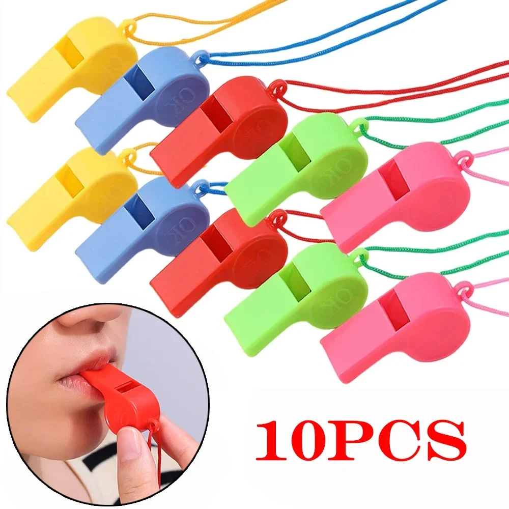 10/1pcs Mini Plastic Whistle with Rope Children Toys Kids Football Soccer Rugby Cheerleading Whistle Birthday Party Supplies