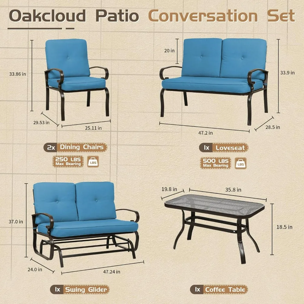 طقم أثاث معدني خارجي مكون من 5 قطع، طقم محادثة للفناء، طائرة شراعية من الحديد المطاوع، كرسيين فرديين، مقعدين وطاولة قهوة، Pe #3