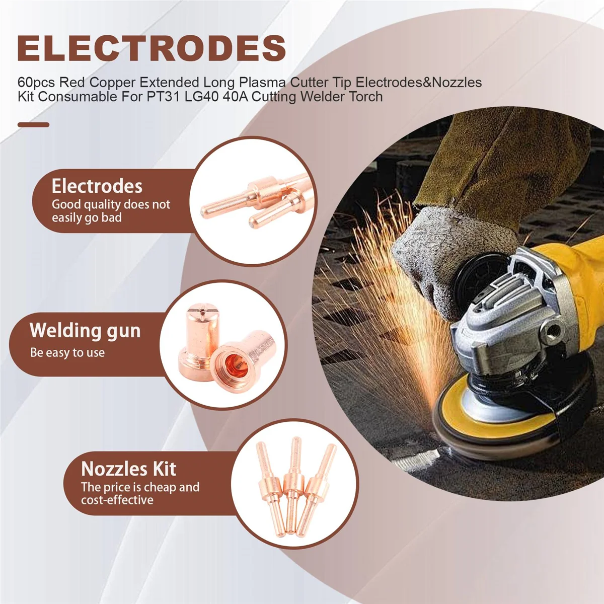 60 Stuks Rood Koper Verlengde Lange Plasma Cutter Tip Elektroden & Nozzles Kit Verbruiksmateriaal Voor Pt31 Lg40 40a Snijlasser Fakkel