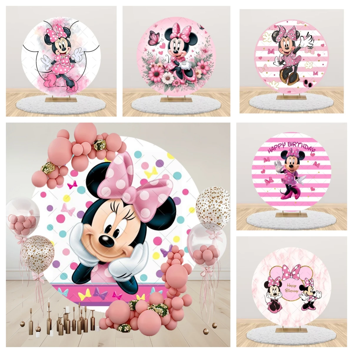 Toile de fond ronde rose Minnie Mouse pour décoration de fête d'anniversaire d'enfants, baby shower, studio photo, photographie