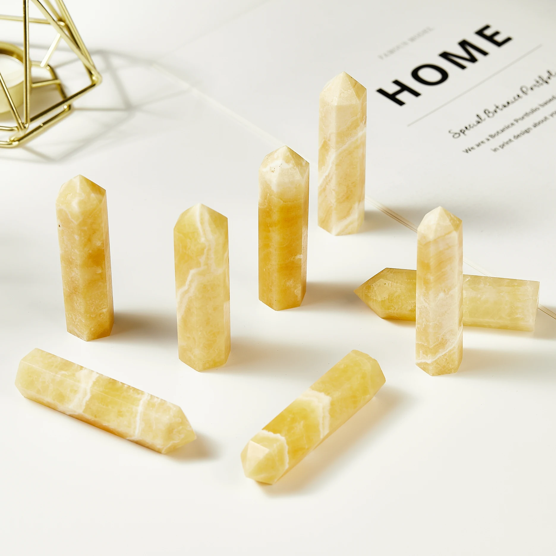 Crystal Point Prism Crafts Natural Stone Quartz Tower Energy Mineral Yellow Jade Wand Home Decoration