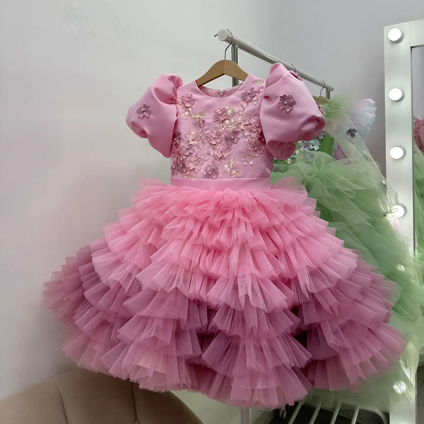 Vestidos Elegantes de flores para niña, traje de boda con apliques florales en 3D, a capas, para cumpleaños, primera comunión