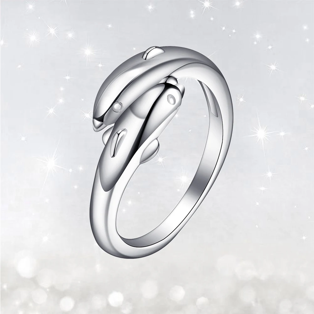 Adjustable Alloy Rings Ring Double Dolphin Ring Double Dolphin Design Party Adjustable Rings Wedding Silver Color