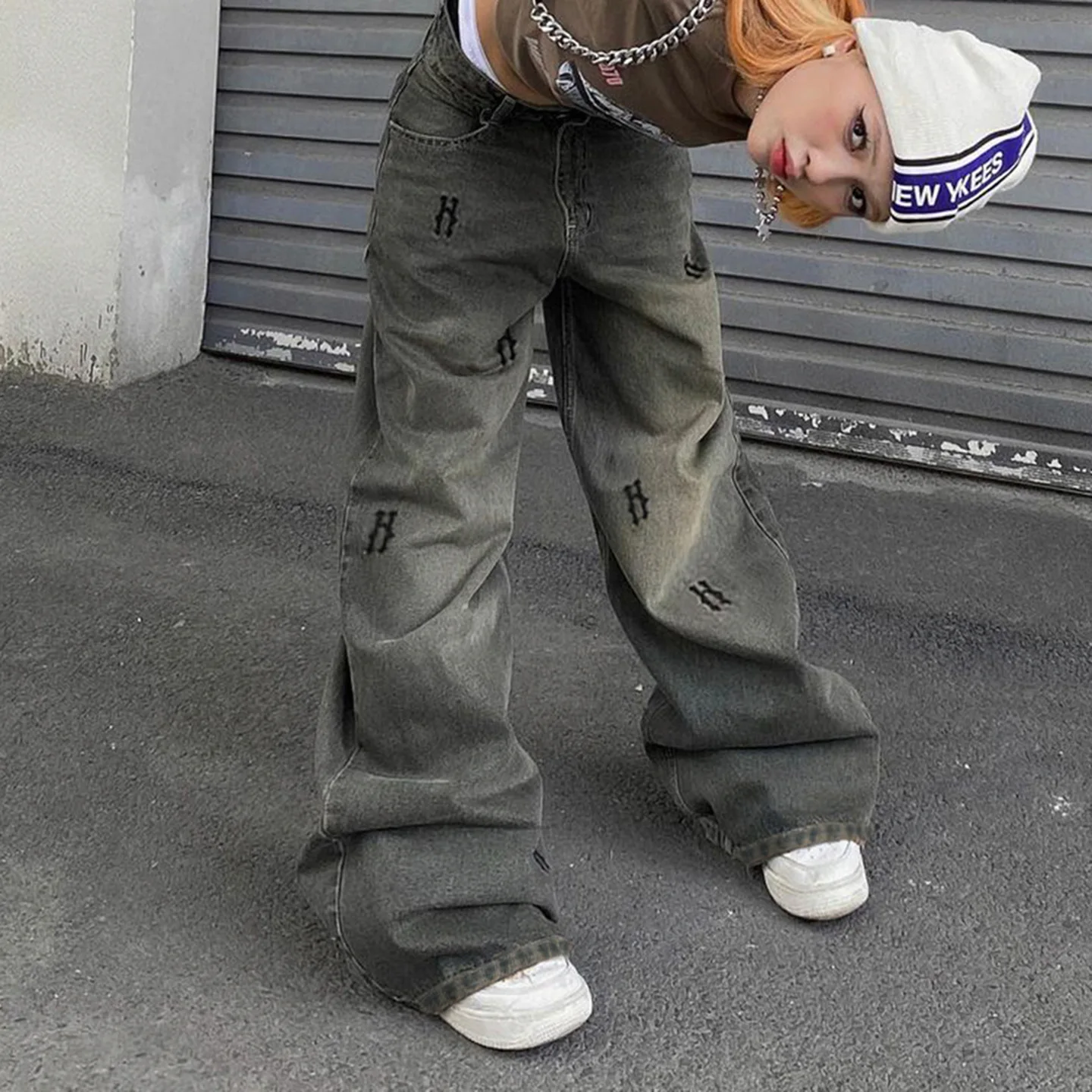 Осенние новые женские джинсы в стиле ретро со старым принтом, свободные повседневные широкие брюки с низкой талией, мешковатые джинсы