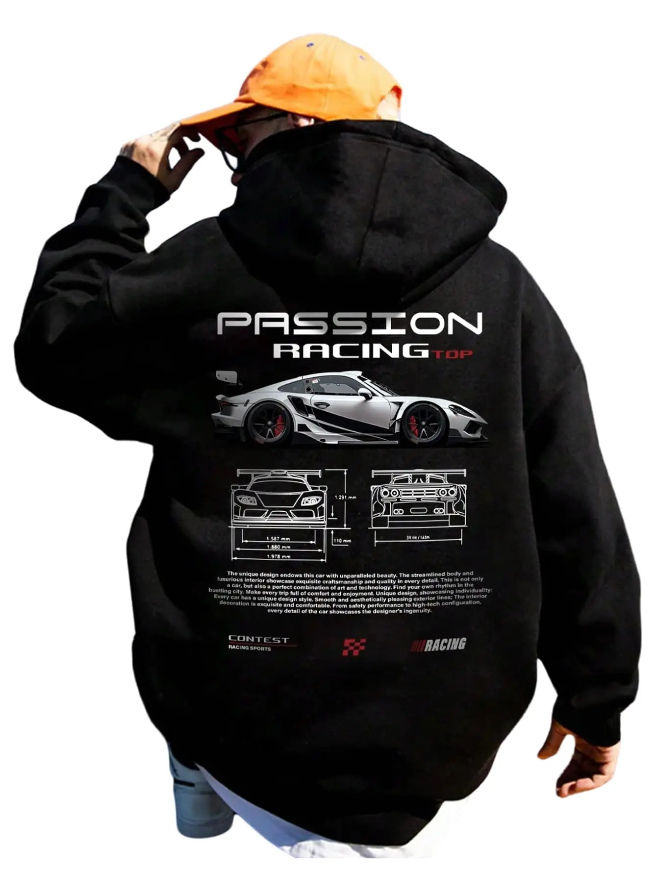 Men's vintage patterned hooded sweatshirt long sleeves drawstring hood sporty autumn pullover