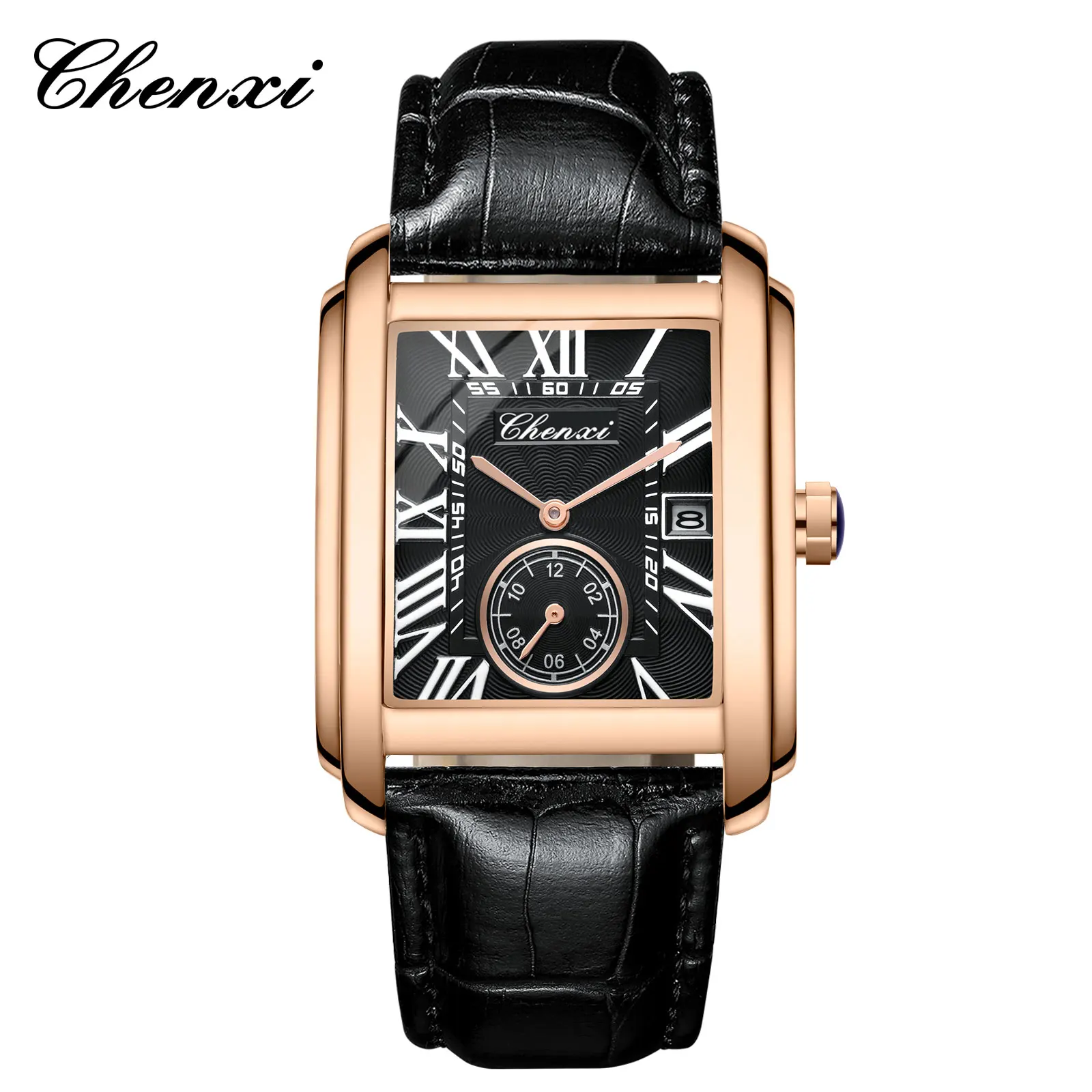 Chenxi 8216 Top-Marke Rechteckige Sportuhr für Herren Bestseller Militär-Kalender Wasserdichte Echtleder-Quarzuhr Elegante Armbanduhr