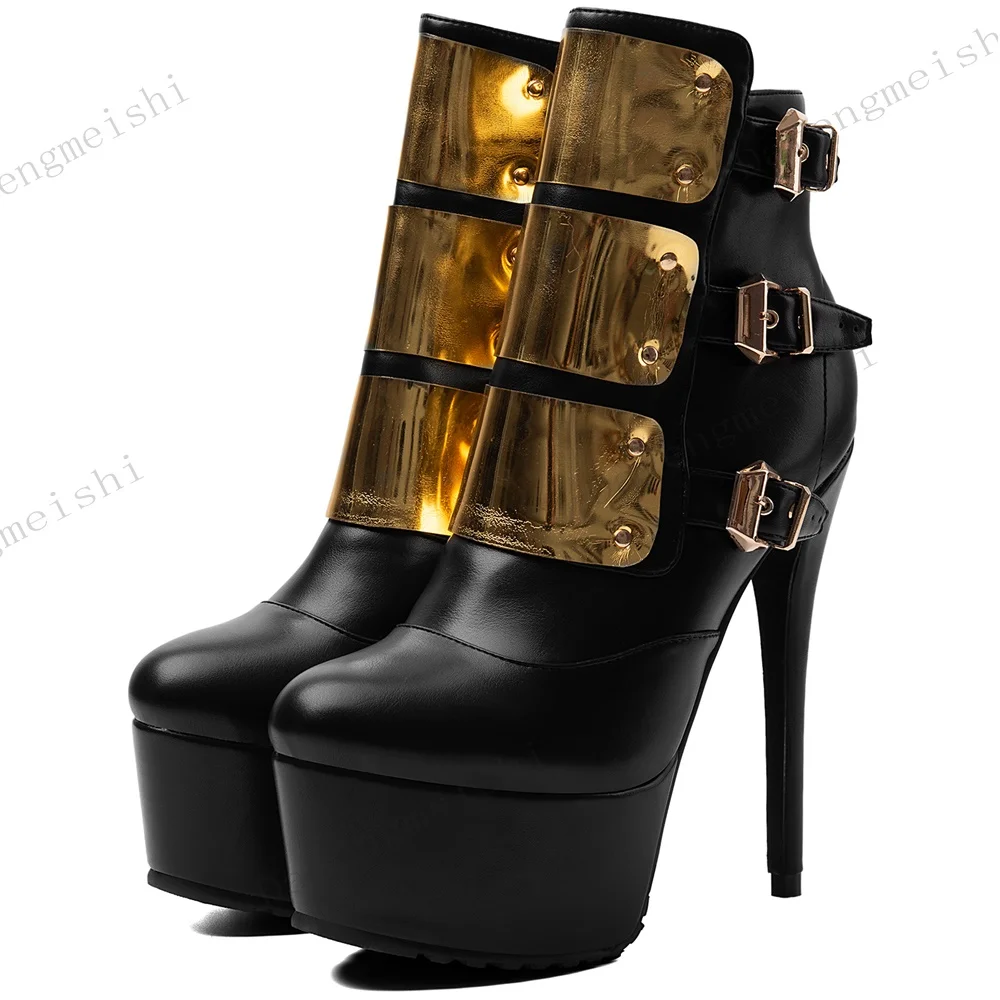 Women Platform Ankle Boots Round Toe Super High Stiletto Heel Gold Metal Plate Buckle Decor Punk Club Party Stage Fashion Boots