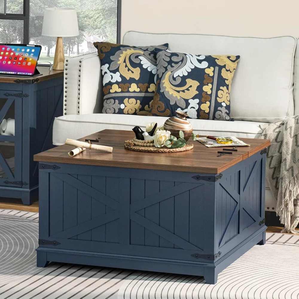 

Farmhouse Coffee Table With Hidden Storage Organizer, Modern Square Large Center Table, Wood Farm House Low Navy Blue Living Roo