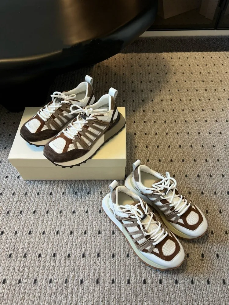 Breathable Men Women New Fashion Lace Up Mesh Spliced Cow Leather Running Shoes Sport Sneakers Jogging Thick Platform Trainers