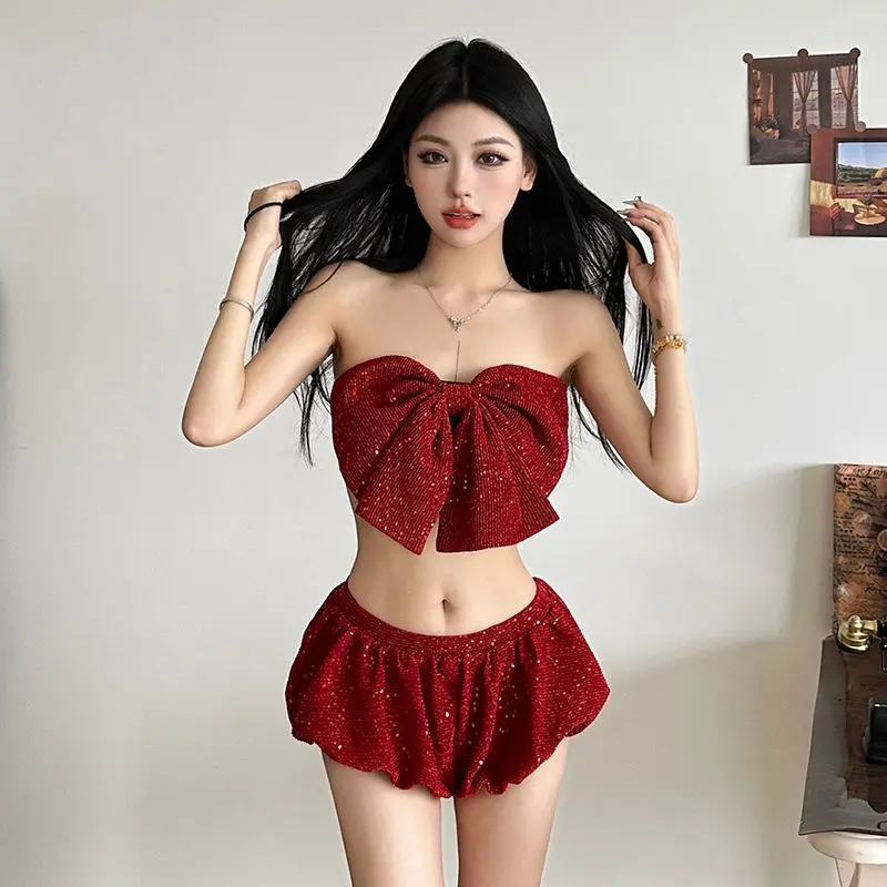 

Sequined Appliques Bow Strapless Backless Tube Top Bra Women Spicy High-waisted Bud Shorts Christmas Chic Hot Two Pieces Suit