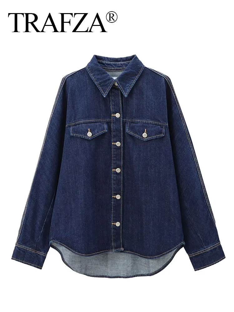 TRAFZA Women Autumn Fashion Long Sleeves Lapel Shirt Style Denim Jacket Woman Solid Pocket Single Breasted Decorate Button Coat